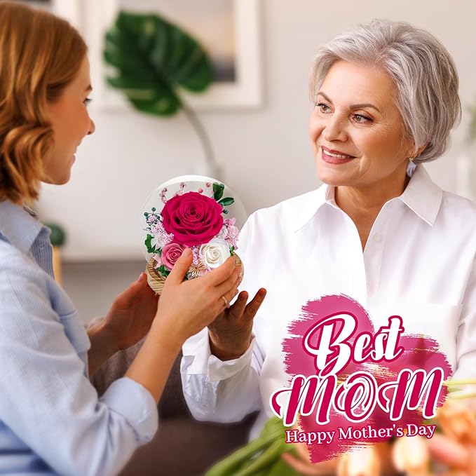 Preserved Roses Forever Flowers in Glass - Birthday Gifts for Women Mom, Real Flowers for Delivery Prime | Rose Gift for Grandma Wife Sister Friend (Mix Fuchsia)