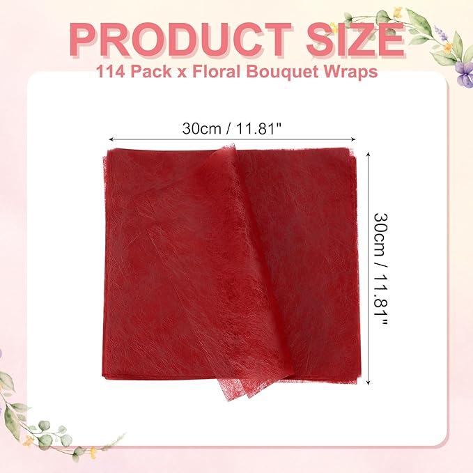 YELARXI Flower Wrapping Paper, Cotton Wrapping Flower Paper, Non-Woven Waterproof Floral Bouquet Wraps - Fitting for (Florist Supplies/Gift) 11.8 x 11.8 Inch & 114 Pack & Red