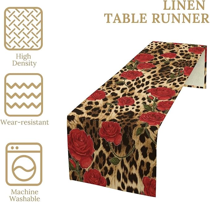 Red Rose Leopard Print Table Runner, Romantic Vintage Rose Flower Spring Summer Dinner Runner Table Decoration for Home Kitchen Dining Holiday Wedding Party 13x120in
