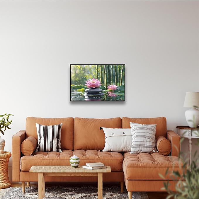 Ethereal pink lotus on obsidian Sunlit bamboo forest with sparkling water drops Poetic nature inspired wall art for tranquil homes and mindful spaces 24x36in Metal blackFramed