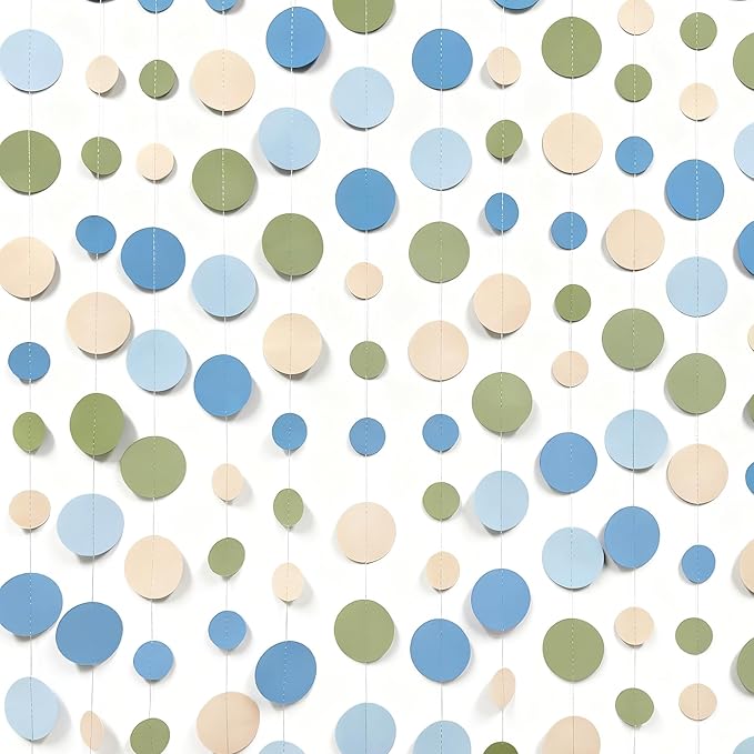 Dusty Blue and Sage Green Beige Polka Dot Garland Olive Green Dusty Blue Cream Nude Hanging Paper Circle Dots Streamer for Birthday Baby Shower Wedding One Silly Goose Theme Party Decorations Supplies