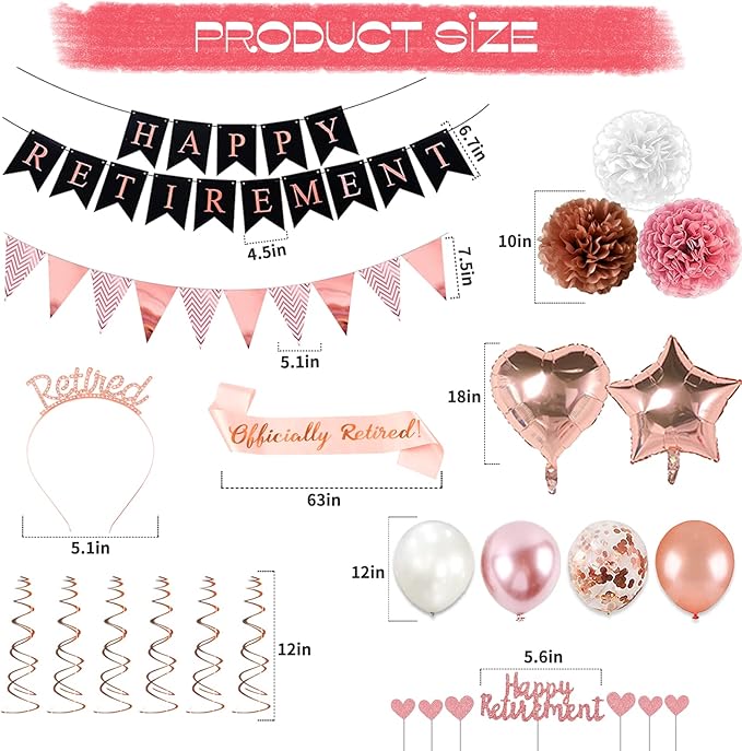 Rose Gold Retirement Party Decorations, 63 Pcs Retired Party Decorations for Women Happy Retirement Banner Hanging Swirls Foil Balloon Cake Toppers Retired Sash Retired Parties Supplies