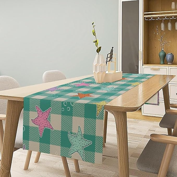 Starfish Plaid Table Flag Green Plaid and Marine Life Starfish Kitchen Table Flag Suitable for Birthday Party Restaurant Decoration Outdoor Picnic 13 * 70 Inch