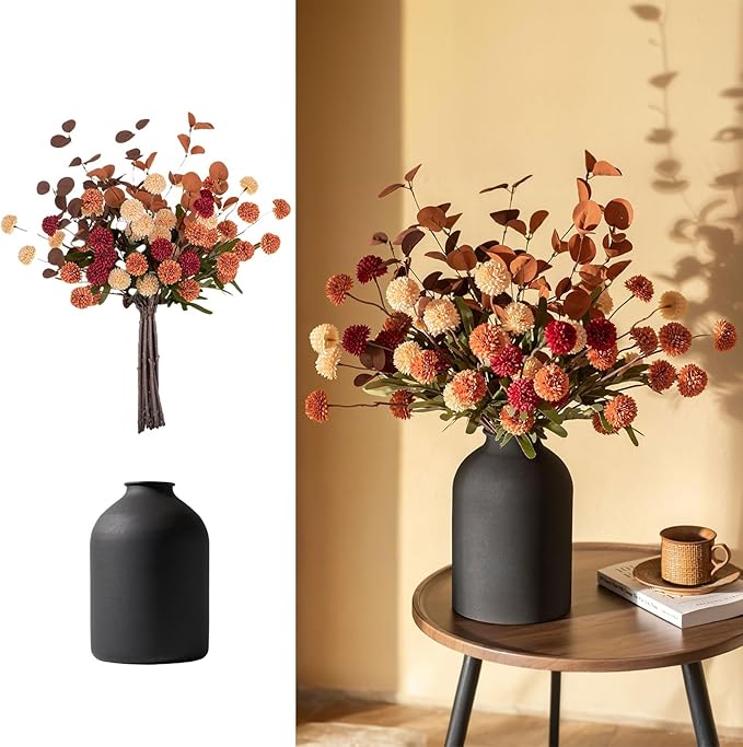 BLOSMON Flower Centerpiece Table Decorations: Metal Vase with 12 Stems of Fake Mums Kiku Flowers Eucalyptuses for Home Dining Room - Burnt Orange Artificial Pom Poms Floral Arrangement in Vase