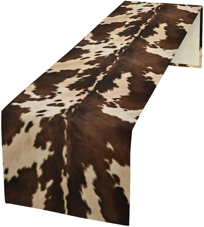 Cow Print Table Runner, Brown Cowhide Western Style Runner Country Farmhouse Cottage Patten Decoration for Home Kitchen Dining,13x108 Inch