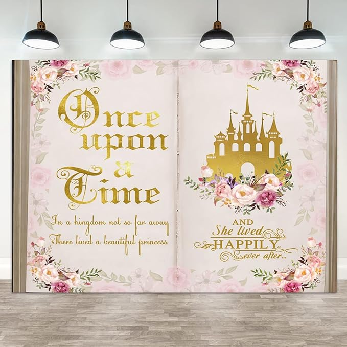 15x10ft Once Upon a Time Backdrop Pink Flower Gold Castle Photography Background Fairy Tale Books Floral Princess Girls Birthday Banner Decorations Fairytale Wedding Portrait Photo Booth Prop