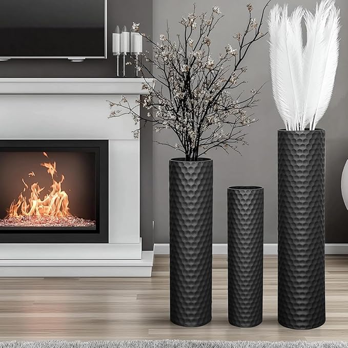 Tall Black Floor Vase 3 Pack, Extra Large Decorative Metal Standing Vases for Living Room Corner Office Home