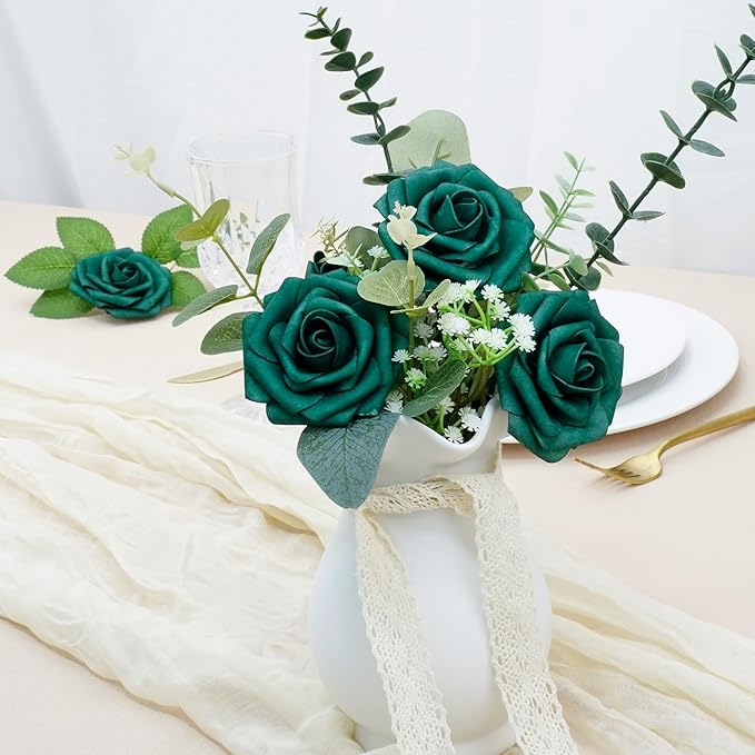 Artificial Flowers, 100pcs Hunter Green Artificial Rose for DIY Wedding Bouquets Centerpieces Arrangements, Fake Flower with Stem for Wedding Shower Party Tables Home Decorations