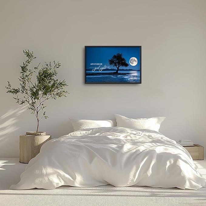 Bedroom Large Wall Art Moon Tree Landscape Pictures Wall Decor Always Kiss Me Goodnight Sign Canvas Prints blue night poster Framed Artwork Decoration above over Bed for Love Living Room 36"x24"