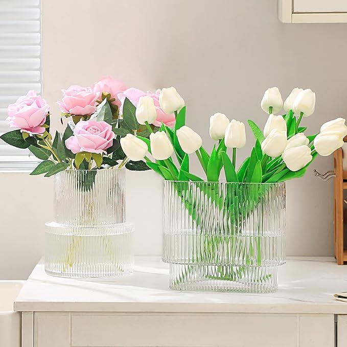 Ribbed Glass Vases, Set of 2 Fluted Vases for Flowers, Clear Vase for Tulips, Modern Glass Vase for Living Room, Dining Table, Office, Entryway, Mantle, Bookshelf, Wedding Gifts