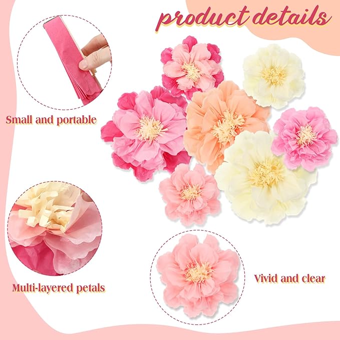 MotiMind 12 Pcs Large Colorful Tissue Paper Flowers 20" 10'' Giant Fiesta Paper Flowers Mexican Pom for Carnival Party Wall Backdrop Decoration Wedding Birthday (Gradient Pink)