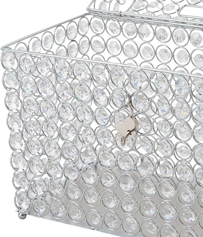 Crystal Wedding Card Box With Heart Lock Silver Treasure Chest Money Card Box Gift Decorative Memory Box for Wedding Birthday Graduation Party Decoration