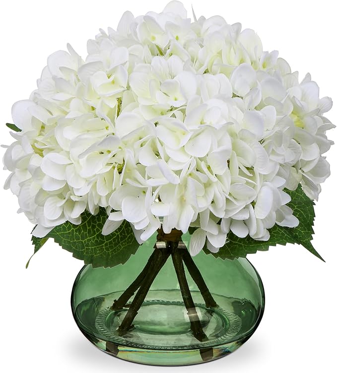 Hollyone White Hydrangeas Floral Arrangement in Glass Vase Artificial Flowers with Vase with Faux Water Silk Faux Flowers Fake Floral Bulk Bouquet for Home Decor Table Centerpiece Decorations