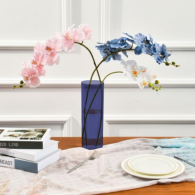Flower Vase Clear Plastic Cylinder Vases Decor for Centerpieces Home Storage Office Weddings Navy Blue 11.8 x 3.9 in