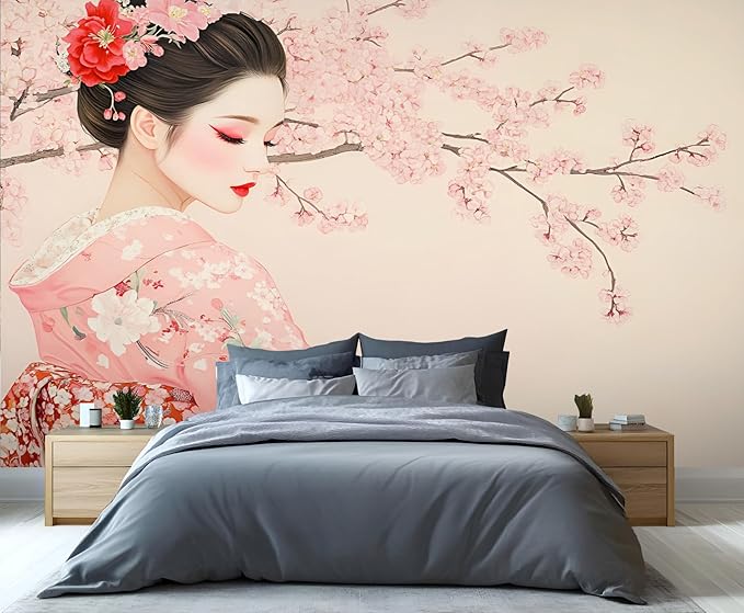 Japanese Cherry Blossom Wall Mural, Kimono Woman Geisha 3D Wall Murals, Oriental Beauty Wallpaper Mural, for Living Room Bedroom Large Wallpaper Indoor Decor 177.16" W x120 H