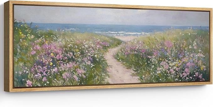 SIGNFORD Large Framed Canvas Print Wall Art Seaside Path with Wildflowers Coastal Landscape Illustrations Modern Art Relax/Calm Warm for Living Room, Bedroom, Office - 60"x20"