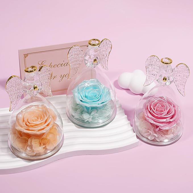 Yamonic Mom Birthday Gifts for Mom,Angel Figurines with Real Rose Gifts for Her Women Grandma, Preserved Flowers Rose Angel Figurines for Mothers Day Christmas Anniversary Wife Gifts(Pearl Champagne)