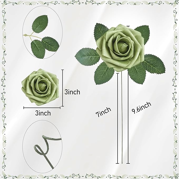 Artificial Flowers, 25pcs Artificial Rose for DIY Wedding Bouquets Centerpieces Flowers Arrangements, Elf Green Fake Flowers with Stems for Bridal Shower Graduation Events Decoration
