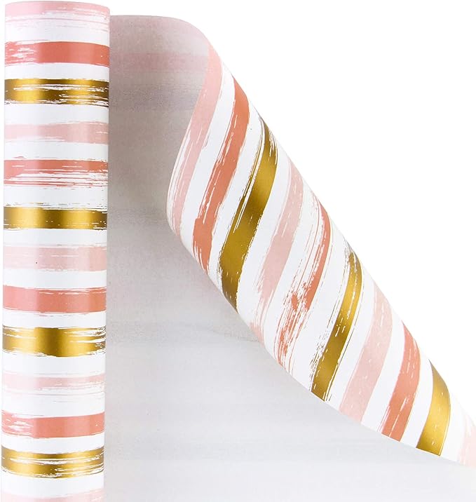 WRAPAHOLIC 30 Inch Pink Wrapping Paper Roll - Pink and Gold Lines Print for Birthday, Holiday, Wedding, Baby Shower Wrap - 30 inch x 33 feet