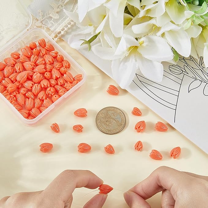 1 Box 100Pcs Carved Flower Beads Coral Jewelry Beads Jasmine Floral 3D Small Light Salmon Dyed Synthetic Coral Loose Smooth Spacers for Jewelry Making Necklace Bracelet DIY Craft Accessories