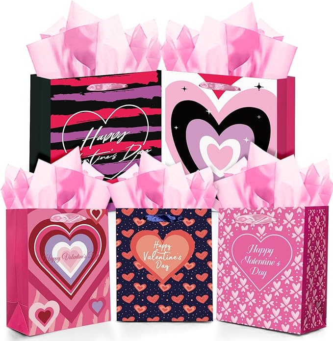 qiqee Valentine 5PCS Gift Bag with Tissue Paper Assorted Size Present Wrap Bags For Lover (3 PCS Medium Size+2 PCS Large Size)
