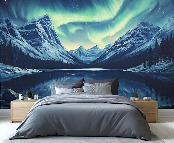 Northern Lights Mountain Wall Mural, Aurora Borealis Lake 3D Wall Murals, Snowy Peaks Starry Sky Wallpaper Mural, for Living Room Bedroom Large Wallpaper Indoor Decor 177.16" W x120 H