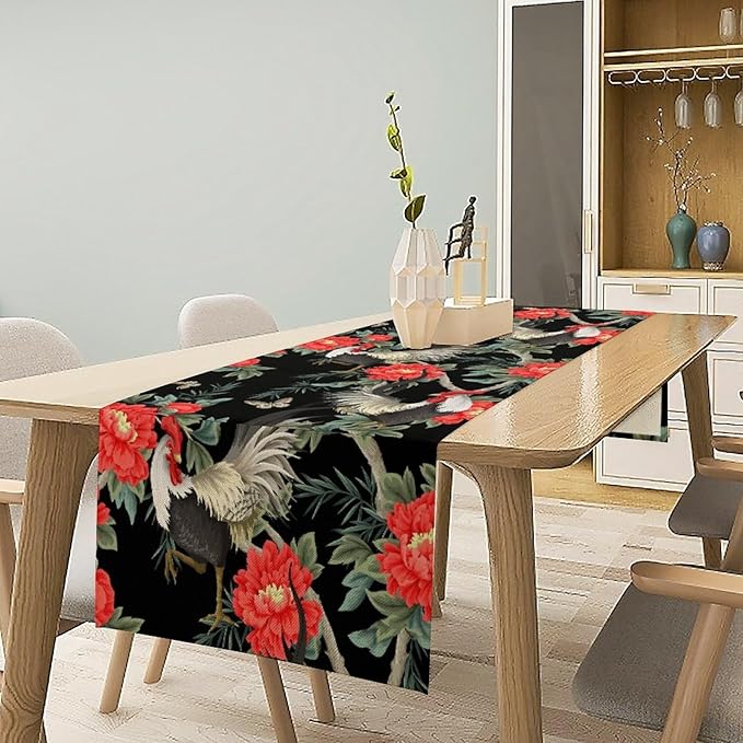 Rooster Floral Table Runner Vintage Farm Chicken Peonies Flower Dinner Runner for Country Farmhouse Home Kitchen Dinner Table Holiday Party Decoration 13x120in