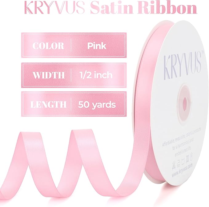 Pink Satin Ribbon, Double Faced 1/2 Inch X 50 Yards Pink Ribbon, Premium Satin Ribbon for Gift Wrapping, Crafts, Hair Bow Making, Sewing, Flower Bouquet, Wedding Party Decor