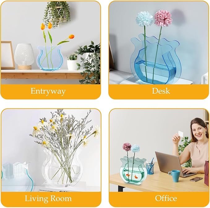 Acrylic Fish Bowl Flower Vase for Small Fish or Plant, Light Cyan Dual-Purpose Decorative Vase for Home Office, Modern Acrylic Bud Design Tabletop Décor (Light Cyan, Regular Size)