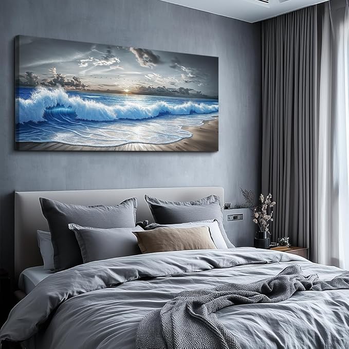 PHAOHUAXM Large Canvas Printed Artworks Mural Wall Decor For Living Room Wall Art For Bedroom Office Decor Black White And Blue Ocean Wave Landscape Painting Modern Home Decor Ready To Hang 30"X60"