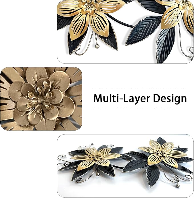 LIFFY Black Gold Metal Flowers Wall Decor,15" 3D Multi-layer Modern Floral Art, Rustic Distressed Hanging Decor for Indoor, Bedroom Living Room Garden Patio, Home Decoration Accent