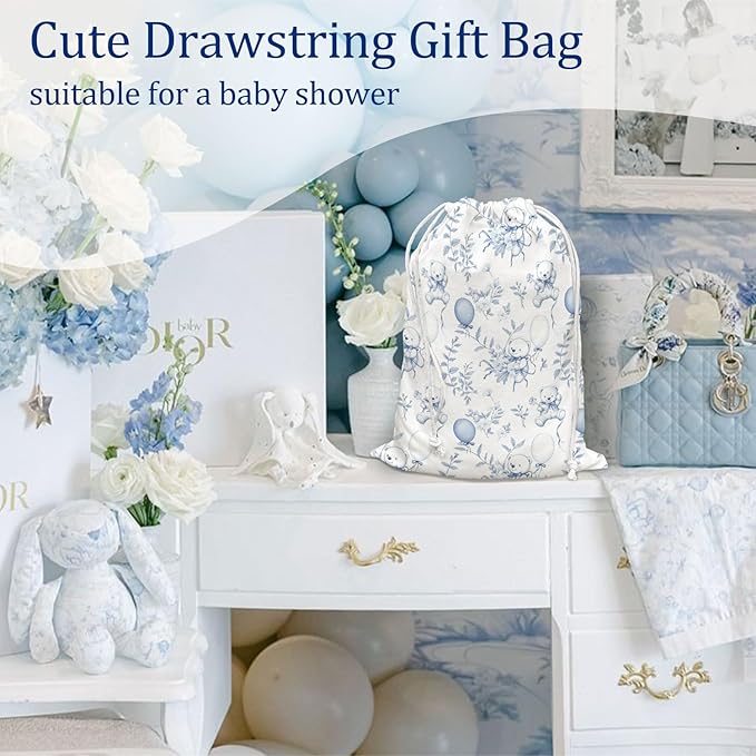 DSHFG Light Blue Bear Birthday Drawstring Gift Wrap Bags, Chinoiserie Animals Baby Shower Drawstring Gift Bags Canvas, Cute Bear Blue and White Small Happy Birthday Bag, 10x13 Inch