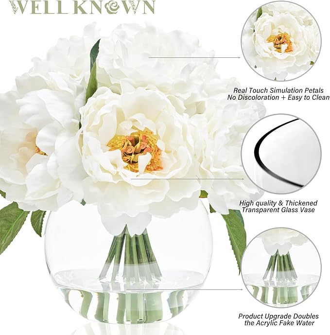 WELL KNOWN Artificial Flowers in Vase, Peonies Artificial Flowers for vase with Faux Water for Coffee Table Decor, Silk Fake Flower Arrangements Peonies Table Centerpieces (White)