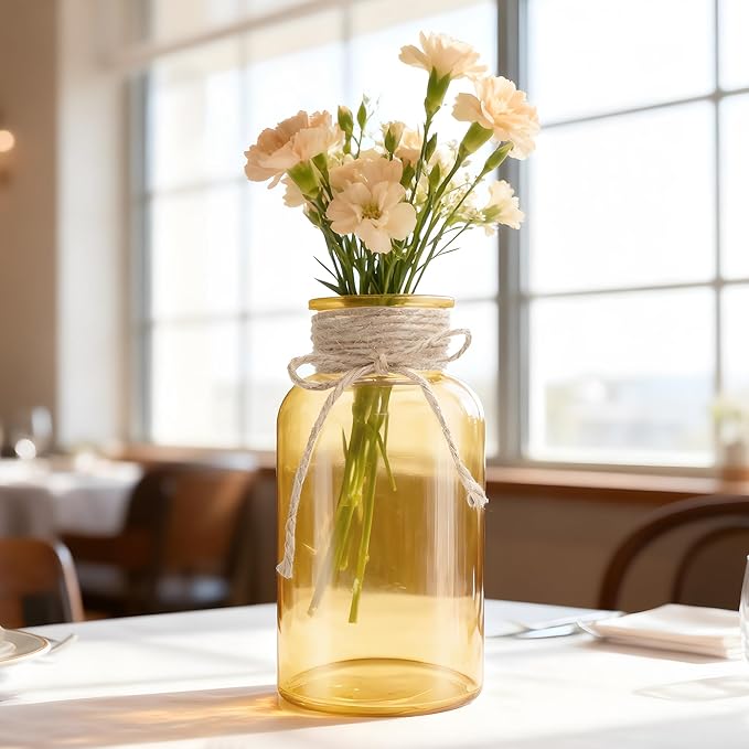 Vintage Glass Flower Vase，6 Pack Gold Amber Farmhouse Glass Centerpiece Vases Mason Jars for Weddings, Parties & Home Decor Bulk (6, Gold)