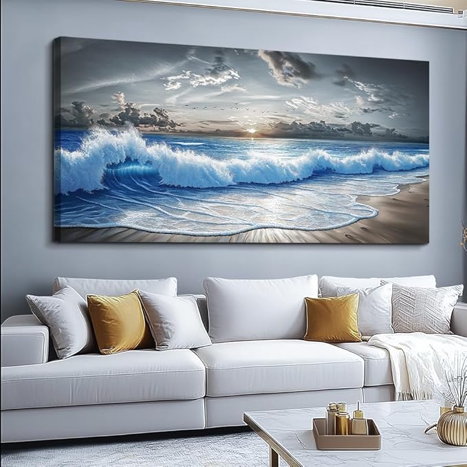 PHAOHUAXM Large Canvas Printed Artworks Mural Wall Decor For Living Room Wall Art For Bedroom Office Decor Black White And Blue Ocean Wave Landscape Painting Modern Home Decor Ready To Hang 30"X60"