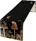 Retro Mushroom Table Runner, Boho Night Plants Leaves Moon Star Botanical Snail Butterfly Print Table Runner for Home Kitchen Dining Table Decor, 13x36inch