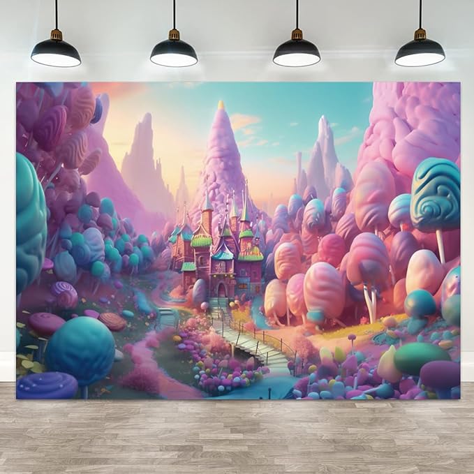 20x10ft Candyland Backdrop Fantasy Candy Castle Photography Background Sweet Lollipop Dream Blue Sky Cartoon Kids Birthday Banner Decorations Baby Shower Newborn Portrait Photo Booth Prop