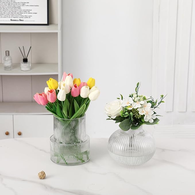 Ribbed Glass Vases, Set of 2 Fluted Vases for Flowers, Clear Glass Vase for Tulips, Modern Vase for Living Room, Kitchen, Office, Entryway, Mantle, Bookshelf, Wedding Gifts, Birthday