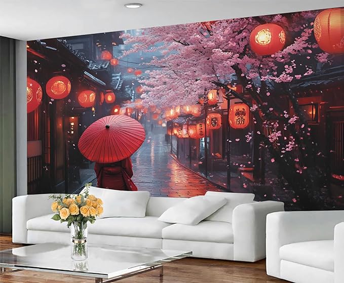 Japanese Street Wall Mural, Cherry Blossom Lantern Scene 3D Wall Murals, Romantic Rainy Evening Japan Wallpaper Mural, for Living Room Bedroom Large Wallpaper Indoor Decor 137.8" W x100 H