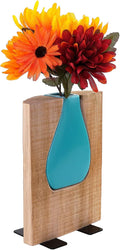 Excello Global Products Matte Teal Glass and Wood Vase - Rustic Flower Vase Decorative Centerpieces for Dining Room Table Coffee Tables Vintage Farmhouse Decor (Short - 8" x 6")