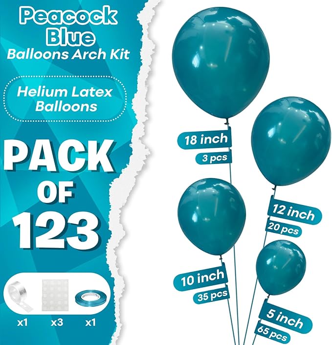 Togvu Peacock Blue Balloons Different Sizes, 123 Packs Mint Blue Balloons, Pack of 18 12 10 5 Inch Teal Blue Balloon Garland Arch Kit for Birthday Baby shower Dolphin Mermaid Theme Party Decoration