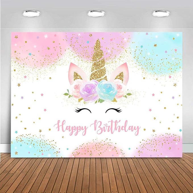 Mocsicka Unicorn Birthday Decorations Unicorn Backdrop for Girls Birthday Party 10x7ft Pastel Rainbow Unicorn Glitter Stars Dots Happy Birthday Banner Photo Booth Props