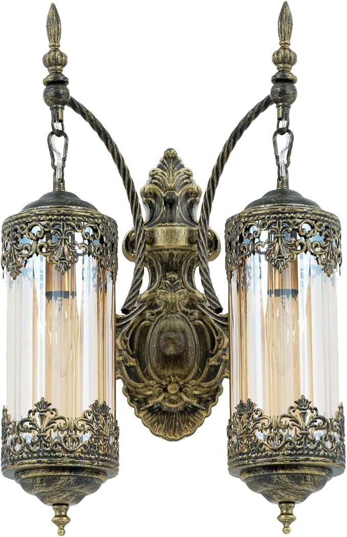 Rustic Wall Sconce with Amber Glass Vintage 2-Lights Antique Gothic Wall Light Fixture Retro Mid Centry Lantern Wall Sconce for Bedroom, Living Room, Mirror, Brush Gold, E12
