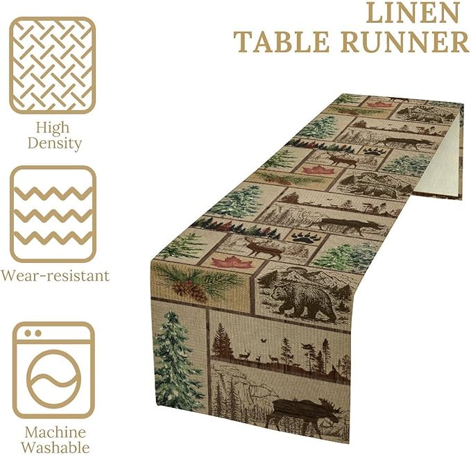 Rustic Cabin Table Runner, Farmhouse Deer Bear Retro Pine Forest Wooden Plank Wild Animal Seasonal Coffee Table Center Decor for Home Kitchen Dining Patio Holiday Party Table Decorations 13x72 inches