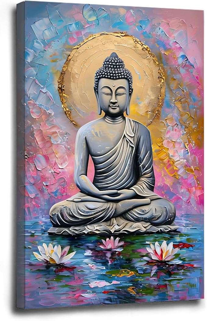 Lotus and golden Buddha meditation tranquil zen wall art mindfulness wall art for spiritual harmony and tranquility decor 20x30in Wood Framed