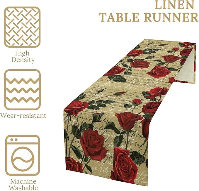 Red Rose Print Table Runner, Vintage Rose Spring Summer Seasonal Romantic Valentines Dinner Runner Table Decoration for Home Kitchen Dining Holiday Wedding Party 13x36in