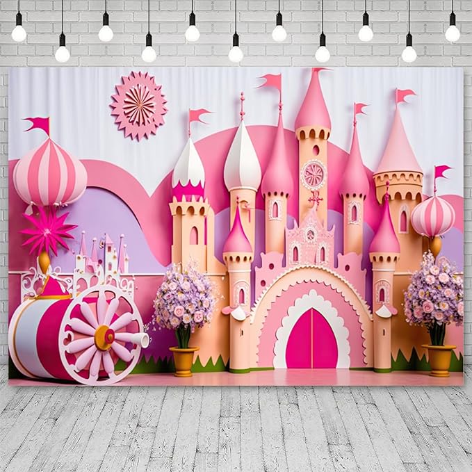 6x4ft Princess Castle Backdrop Pink Purple Floral Girl Birthday Photography Background Kids Birthdays Newborn Baby Shower Banner Decorations Wedding Party Portrait Photo Booth Prop