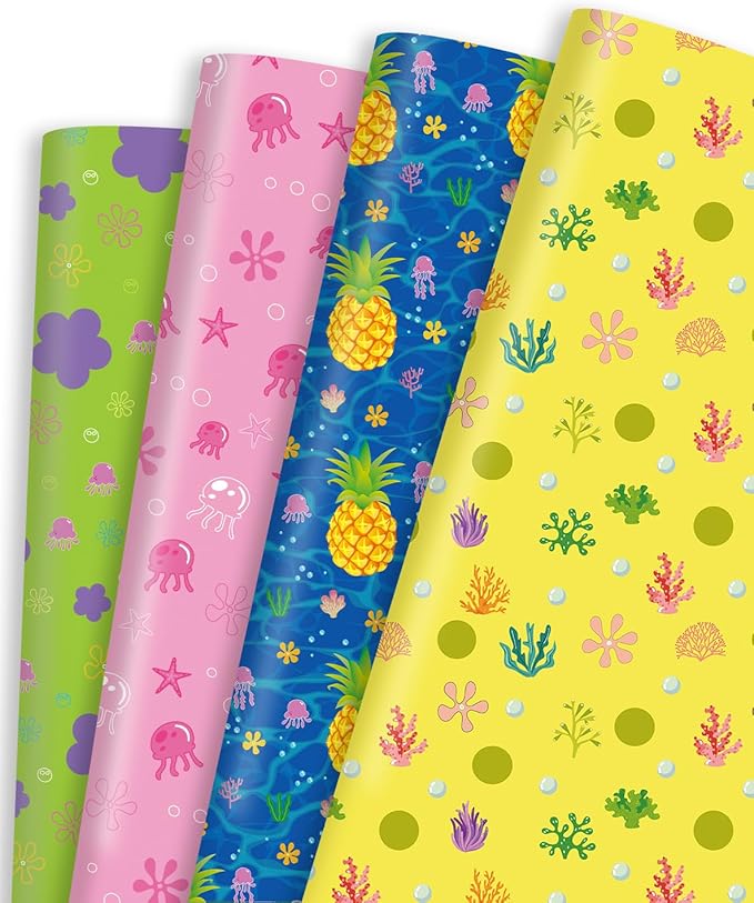Pineraap Yellow Cartoon Wrapping Paper 12 Sheets Tropical Ocean Themed Gift Packing Paper Water Grass Jellyfish Flowers Pineapple Wrap Paper for Baby Shower Birthday Party Supplies, 20"×28"