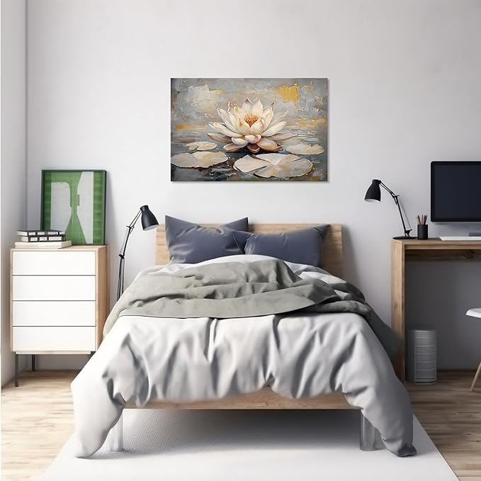 Ethereal white lotus floating on Crystal Waters poster vintage oil painting printwall art soft blush and gold accents serene home and office decor dreamy 32x48in Frameless