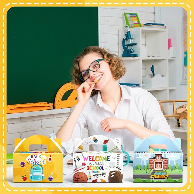 24 Pcs Back to School Party Favor Boxes First Day of School Gift Goodie Candy Cookie Treat Boxes with Handles for Classroom New Semester Favors Party Supplies